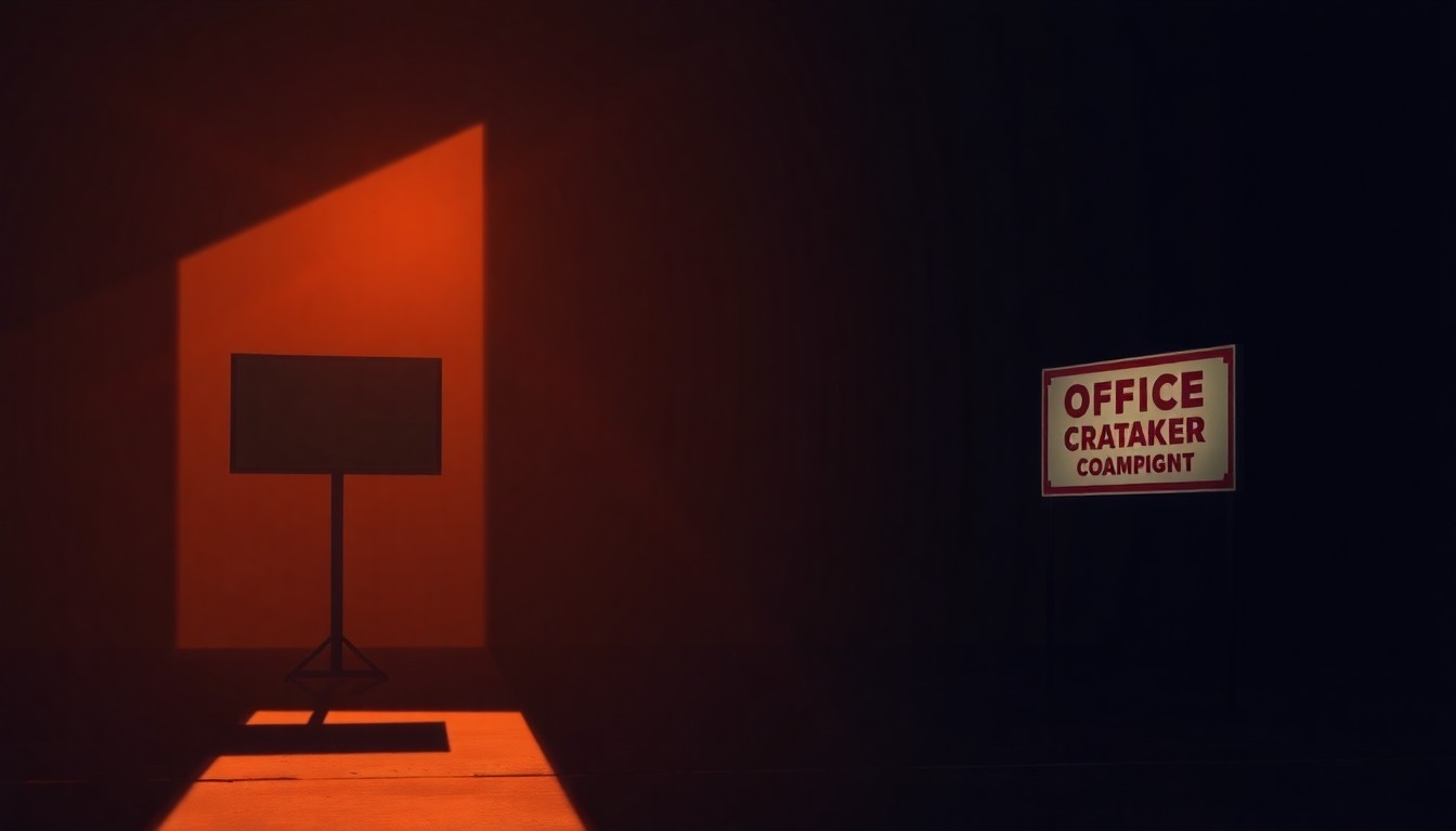 A serene, cinematic painting depicting a lone campaign sign or political office space, with warm sunlight and deep shadows creating a pensive, contemplative atmosphere.