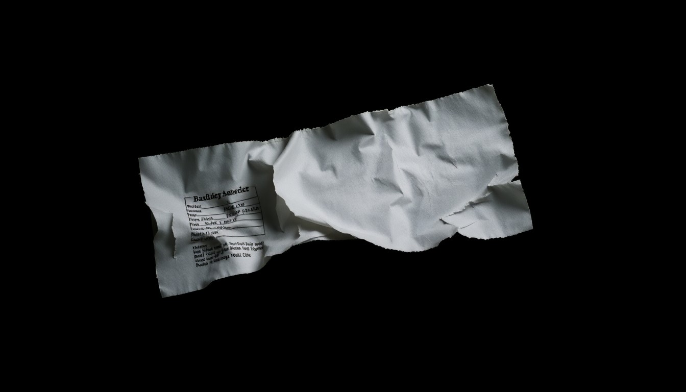 An extreme close-up photograph of a crumpled, torn bank statement with a harsh, direct camera flash, creating a stark, gritty, investigative aesthetic that conceptually represents the physical evidence of a complex financial fraud case.