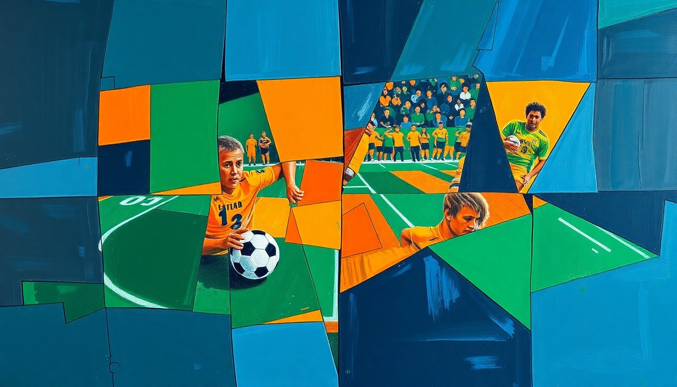 A fragmented, geometric painting in shades of blue, green, and orange, depicting the action and movement of a football game in an abstract, deconstructed style.