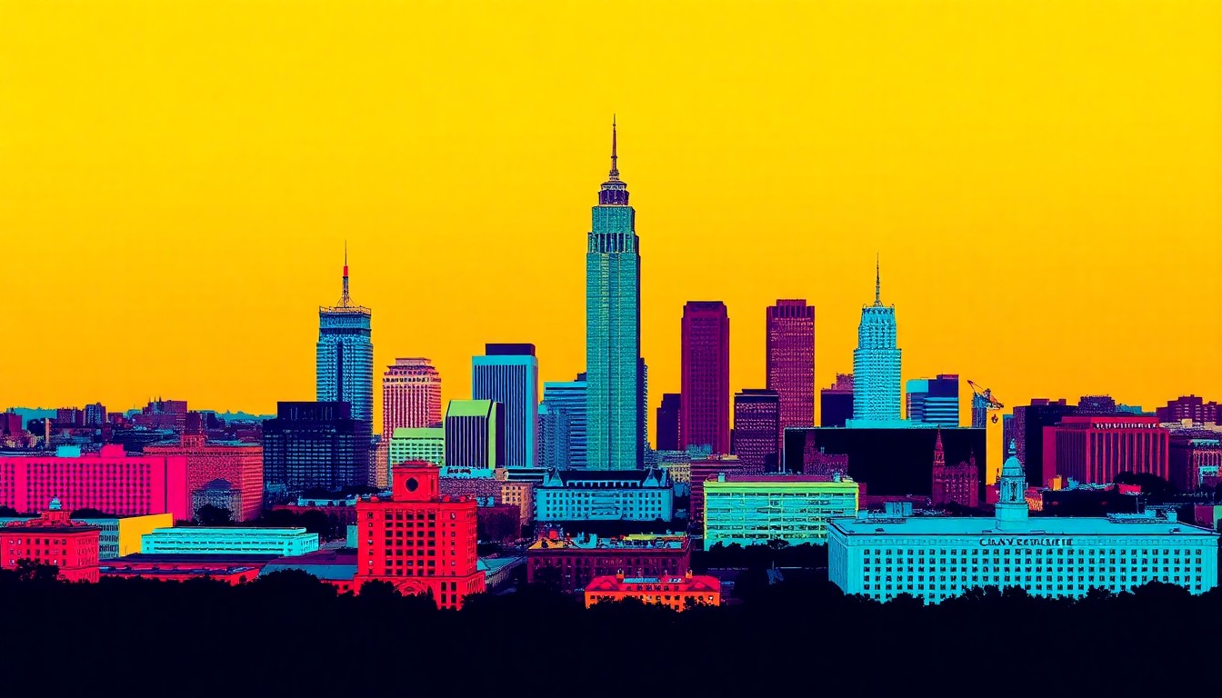 A vibrant, high-contrast silkscreen print depicting the Cleveland skyline with a towering, futuristic observation structure at the center, repeated in a grid pattern with bold, neon-inspired colors and heavy black outlines, conceptually representing the public's call for an iconic landmark to anchor the lakefront redevelopment.