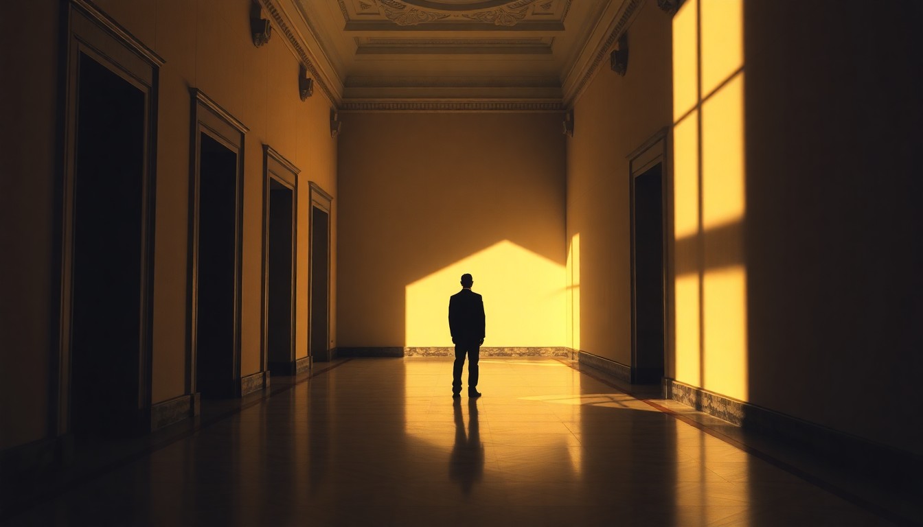 A dimly lit, cinematic painting of an empty government building hallway, with a single shadowy figure standing alone and bathed in warm, diagonal sunlight, conveying a sense of political isolation and the selective use of historical context.