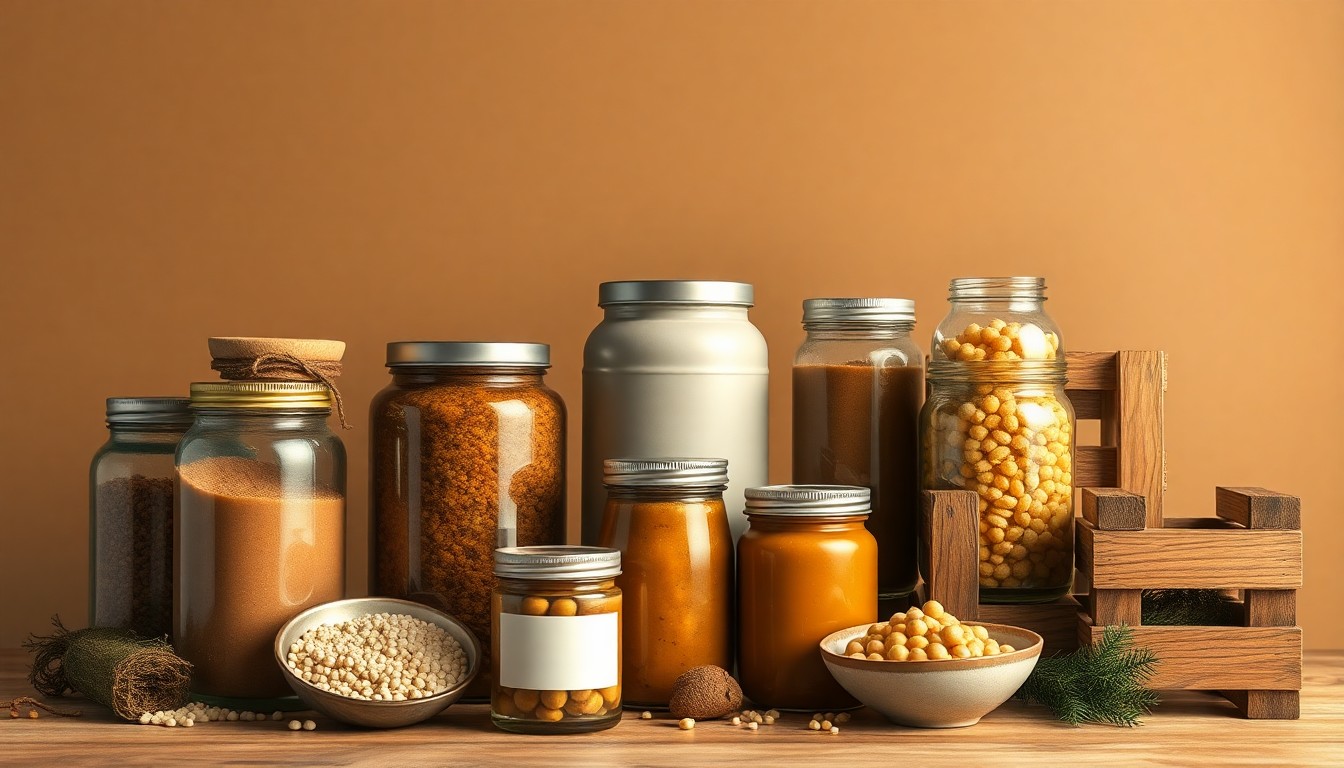 A high-end, photorealistic studio still-life featuring a collection of premium glass jars, metal tins, and wooden crates in muted earth tones, conceptually representing the merger of two major food industry players.