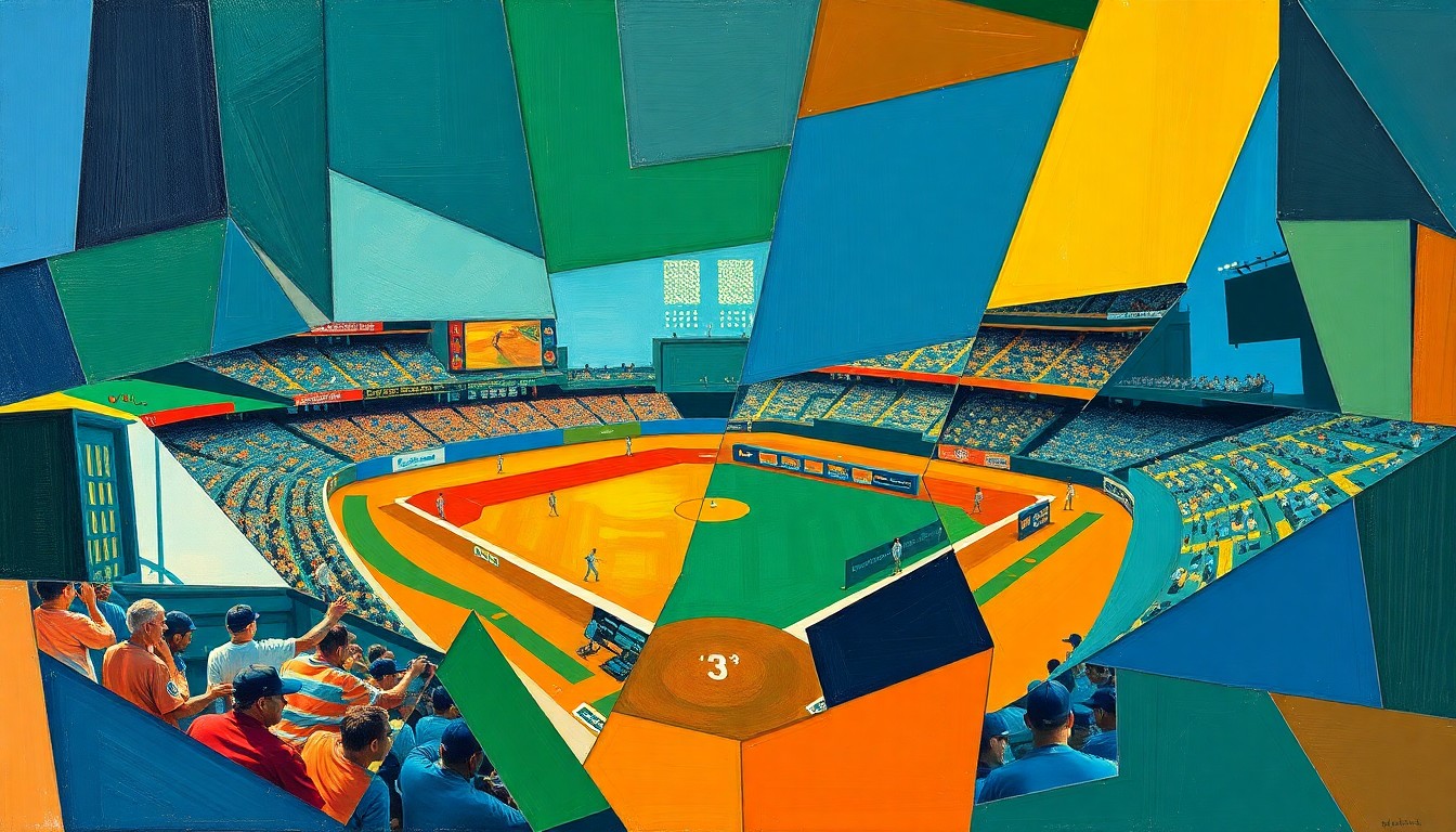A fragmented, geometric painting depicting a baseball game or match, with sharp planes of color and overlapping shapes representing the strategic movements and offensive production of the players.