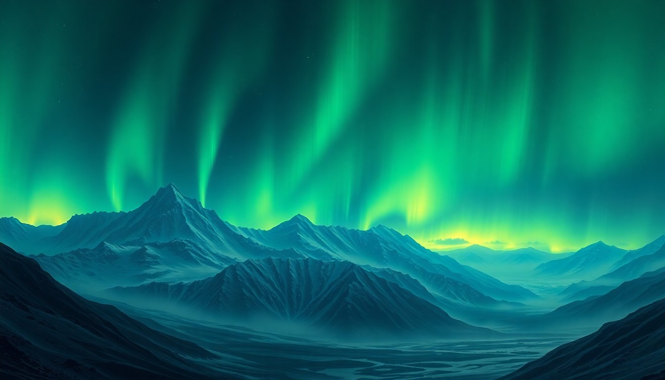 A vast, majestic landscape painting in muted blues, greens, and purples, with the aurora borealis filling the sky in a sweeping, atmospheric display that dwarfs the small structures below.