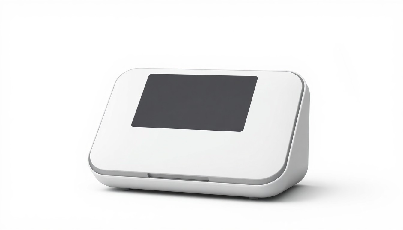 An extreme close-up of a minimalist, matte black and silver writing assistant device with clean geometric lines, subtly illuminated by soft white lighting, conceptually representing the challenges of integrating AI responsibly in journalism.