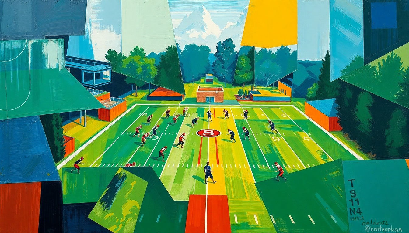 A fractured, geometric painting in bold colors depicts the chaotic movements and overlapping perspectives of a college football practice, conveying the challenge of implementing new systems.