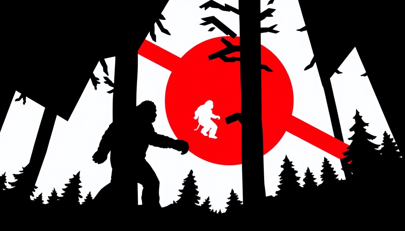 An abstract, minimalist illustration featuring sharp, jagged black silhouettes against a high-contrast red and white background, conceptually representing the iconic Bigfoot footage being challenged and debunked.