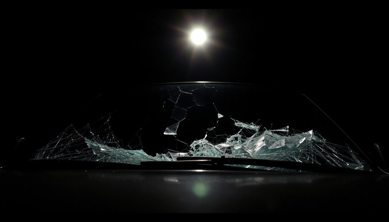 An extreme close-up photograph of a shattered car windshield or damaged vehicle part, lit by a harsh, direct camera flash against a pitch-black background, conceptually illustrating the aftermath of a deadly street race incident.