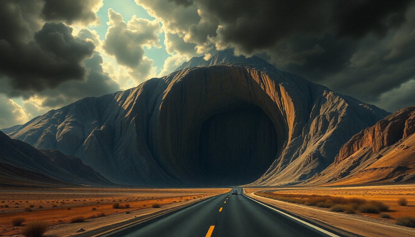 A sweeping, atmospheric landscape painting depicting a massive sinkhole opening up along a deserted stretch of highway, the road and any visible vehicles dwarfed by the overwhelming scale of the natural disaster.