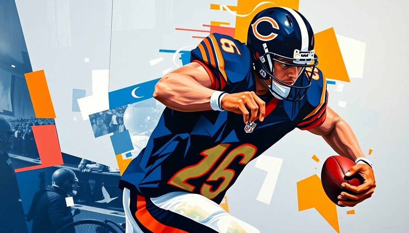 A cubist, geometric painting depicting a football player in motion, with sharp, overlapping planes of navy blue, orange, and white representing the Chicago Bears' uniform colors.