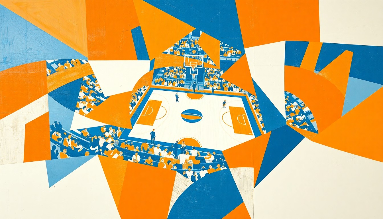 A cubist, geometric painting depicting a fragmented, multi-perspective view of a college basketball game, with sharp, overlapping planes of orange, blue, and white, conceptually representing the lifelong passion of Illinois basketball fans.