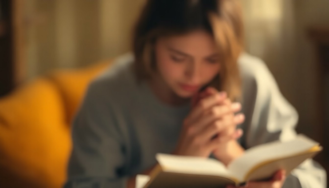 A softly focused, abstract photograph in shades of amber and ochre, depicting a contemplative scene of a person reading or praying, conveying a sense of quiet introspection.