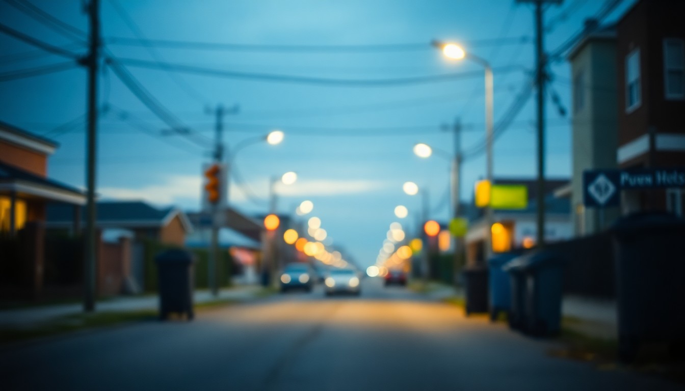 An abstract, out-of-focus photograph of a neighborhood street with blurred streetlights and the faint outlines of trash cans, conveying a sense of urban neglect and the impact of municipal service changes on the community.