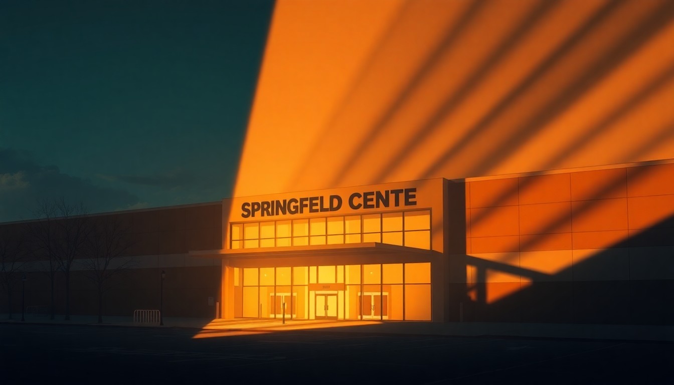 A photorealistic painting of the exterior of a large convention center building, with warm sunlight casting long shadows across the facade and surrounding landscape, conveying a sense of civic tension and political debate.