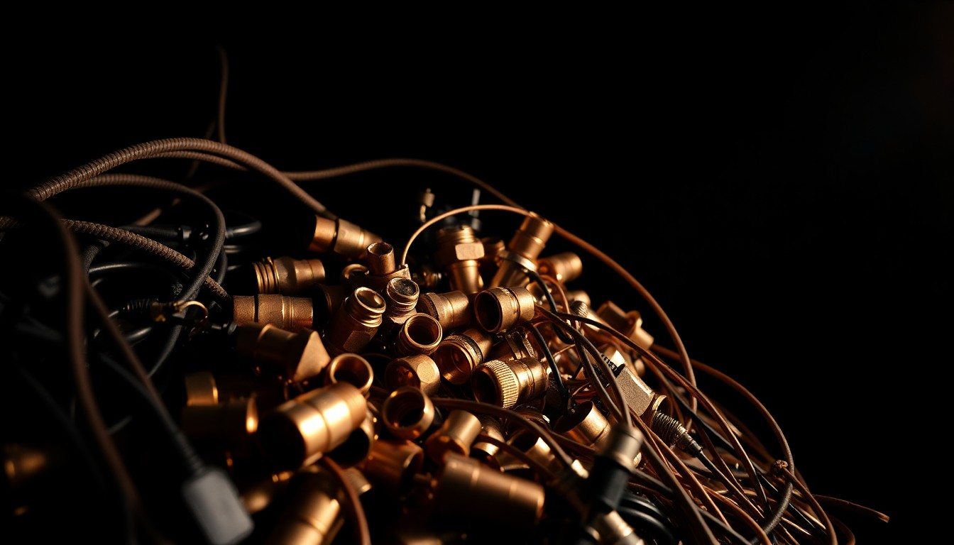 An extreme close-up photograph of a pile of copper fittings and wiring, lit by a harsh, direct camera flash against a pitch-black background, conceptually illustrating the evidence uncovered during a police investigation into a property crime.