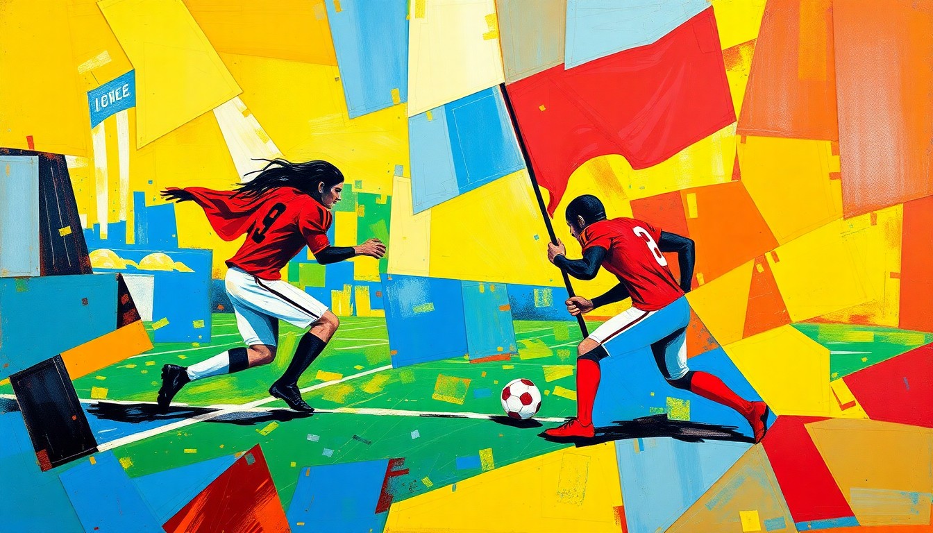 A fragmented, geometric painting depicting a flag football game, with sharp planes of red, blue, and yellow overlapping to create a dynamic, multi-perspective scene.