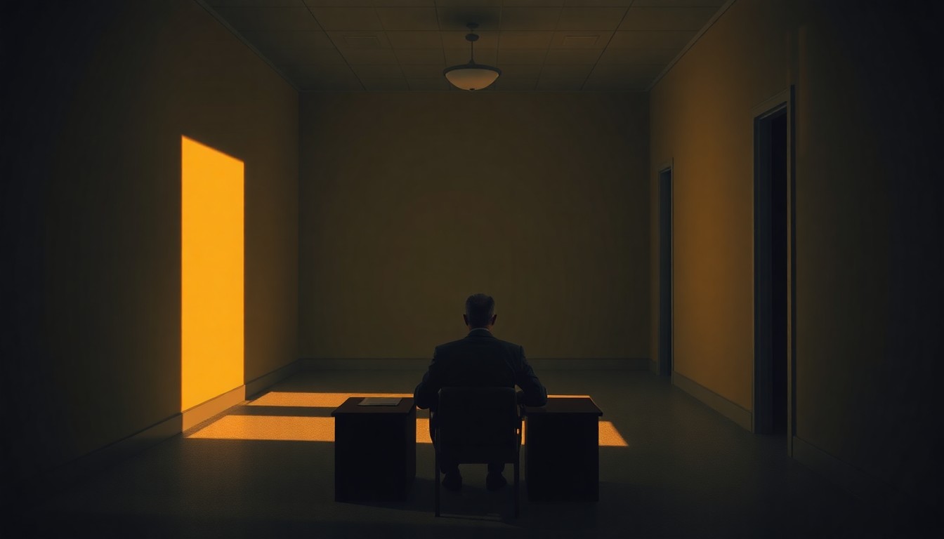 A solitary figure, likely a lawyer or government official, sits alone in an empty office or hallway, the room bathed in warm, diagonal sunlight and deep shadows, creating a contemplative, cinematic mood.