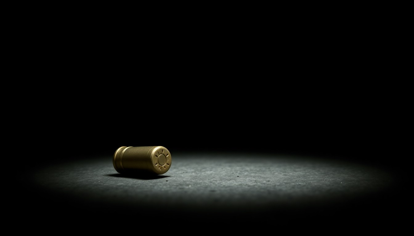 An extreme close-up of a single spent shell casing on a dark, shadowy surface, conceptually illustrating the aftermath of a violent crime.