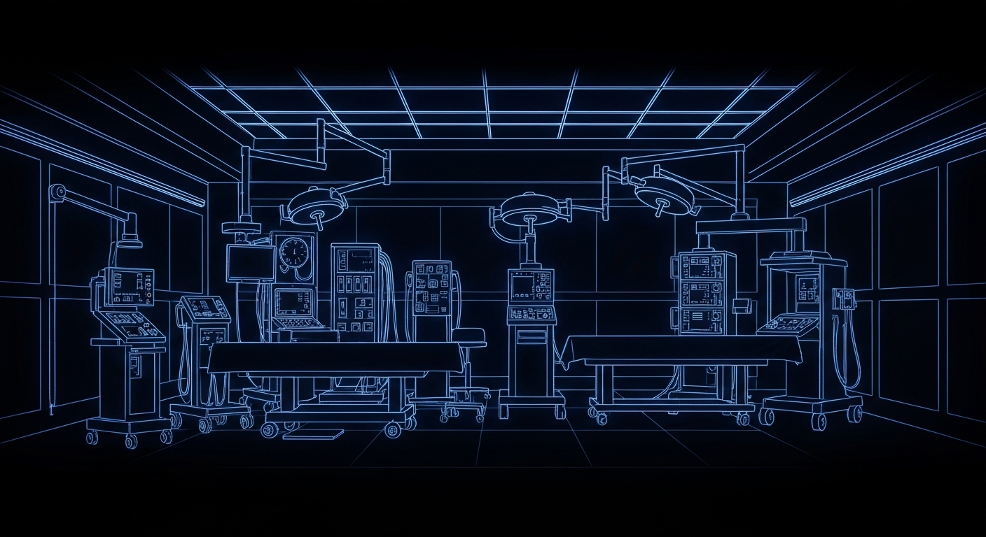 A minimalist neon outline illustration depicting the shapes and technology of a modern surgical suite, conveying the advanced medical care and innovative spirit of the new HSHS St. Mary's Hospital Center for Advanced Surgery.