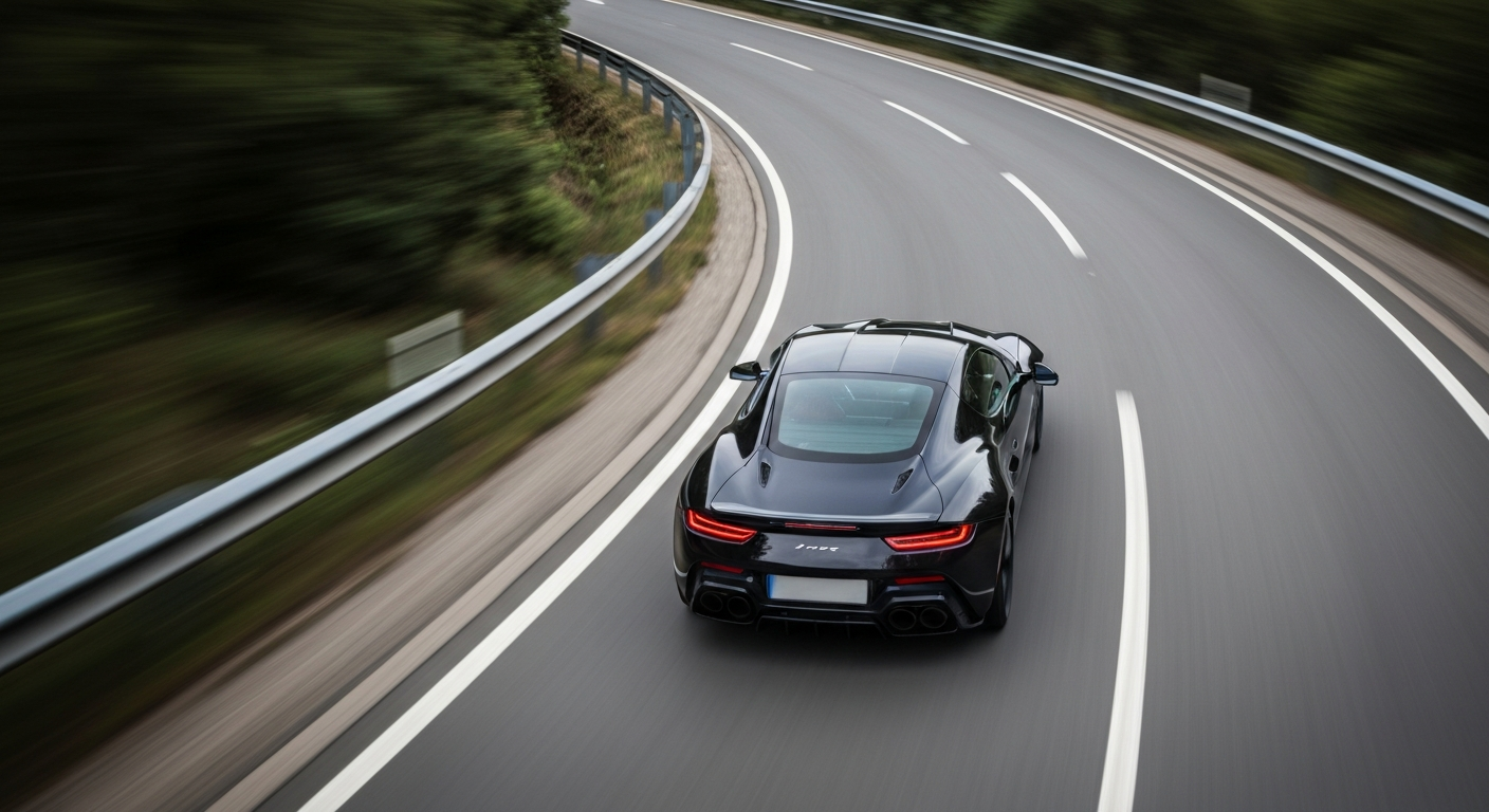 A blurred, abstract image of a luxury sports car speeding down a winding road, conveying a sense of motion, power, and the thrill of driving.