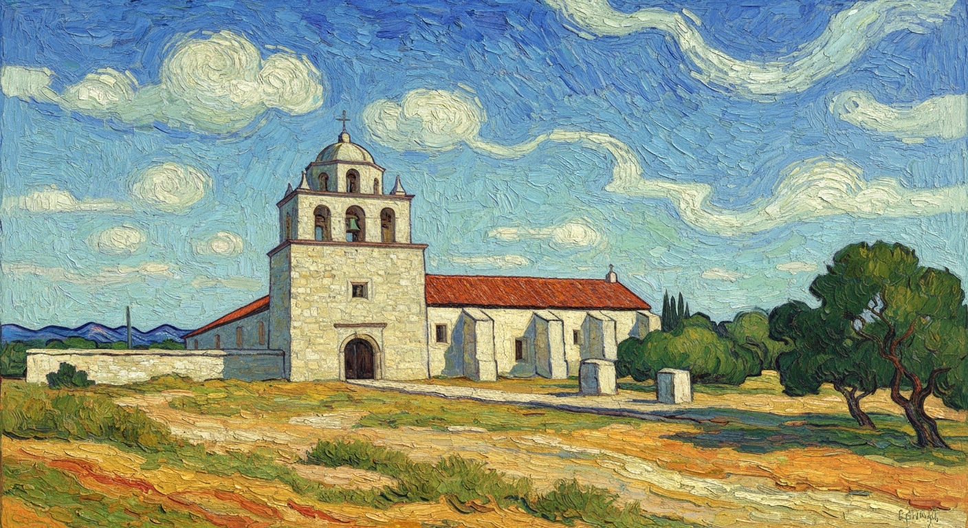 A textured, impressionistic landscape painting depicting the towering limestone walls and bell tower of a historic Spanish mission in Texas, surrounded by a vibrant, swirling palette of warm colors that capture the cultural richness and heritage of the region.