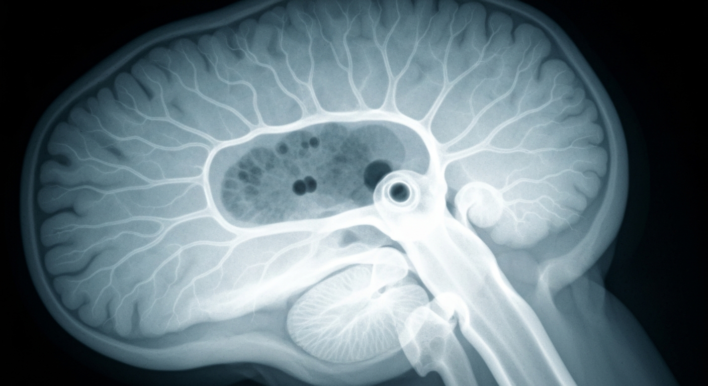 An extreme close-up X-ray photograph of a human brain blood vessel, revealing its intricate internal structure in a ghostly, translucent style that conceptually illustrates the potential effects of erythritol on vascular health.