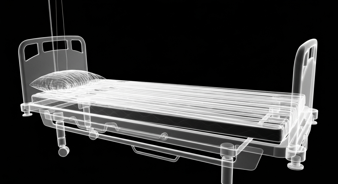 An extreme close-up X-ray photograph of an empty hospital bed, with the frame and mattress rendered as ghostly, glowing lines against a dark background, conceptually representing the challenges hospitals face when patients refuse to leave after being discharged.