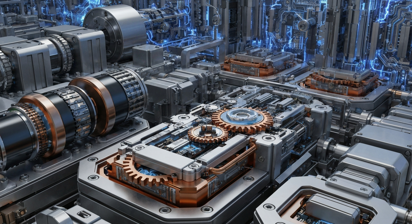 A cinematic close-up of intricate semiconductor manufacturing equipment, gears, and circuitry in shades of steel grey, copper, and electric blue, conceptually representing the complex financial infrastructure and technological backbone of the semiconductor industry.
