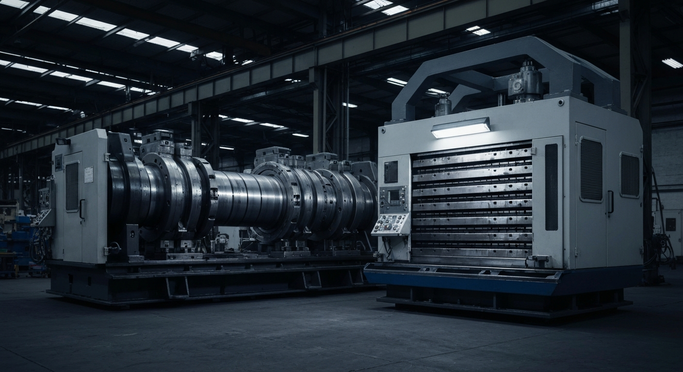 An extreme close-up of industrial machinery and equipment used in the manufacturing of office furniture, conveying the heavy, physical nature of the business and the economic forces impacting the industry.