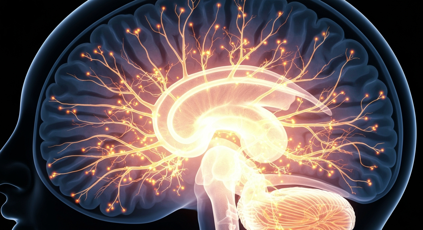 An extreme close-up X-ray photograph of a human brain, with glowing neural pathways and synapses illuminating the complex inner workings of the organ, conceptually representing the biological mechanisms affected by chronic stress.