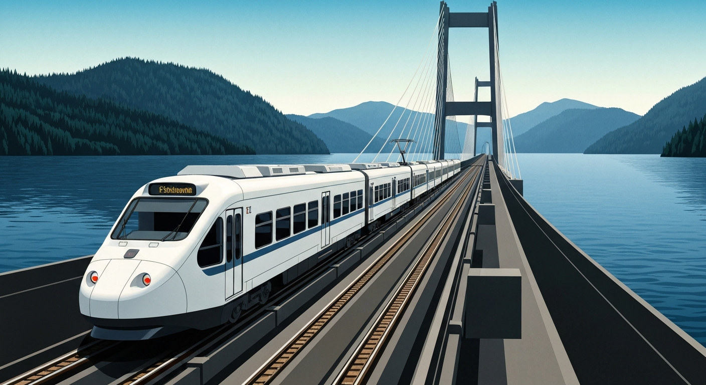 A bold, geometric illustration depicting the sleek, streamlined forms of a light rail train crossing a floating bridge over a sweeping landscape of Lake Washington, capturing the grand scale and innovative design of the new Crosslake Connection system.