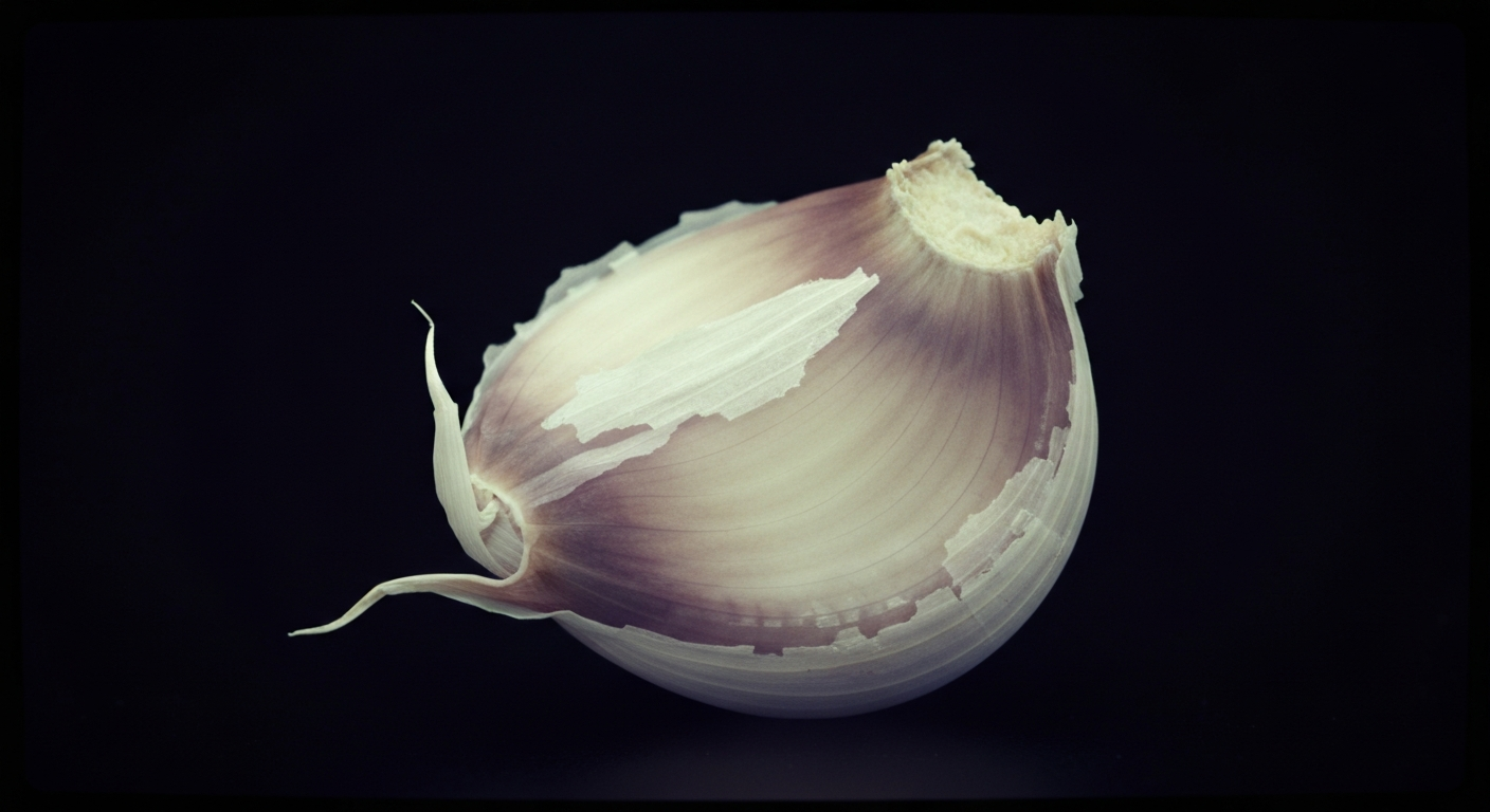 A ghostly, translucent X-ray photograph of a peeled garlic clove, revealing its internal structure in glowing lines against a dark background.