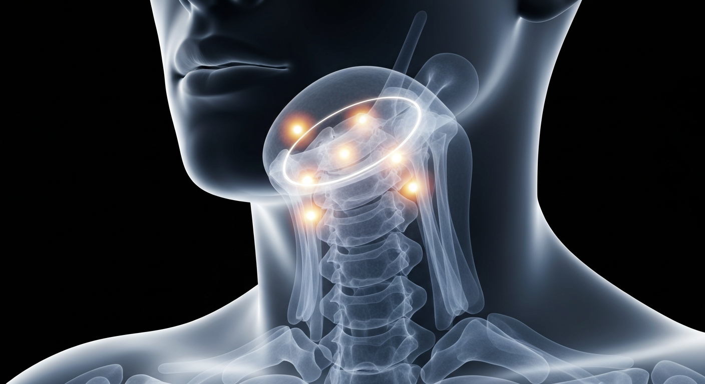 An abstract, ghostly X-ray image revealing the internal structures of the human neck and chin, highlighting the targeted fat deposits that can be addressed through liposuction.