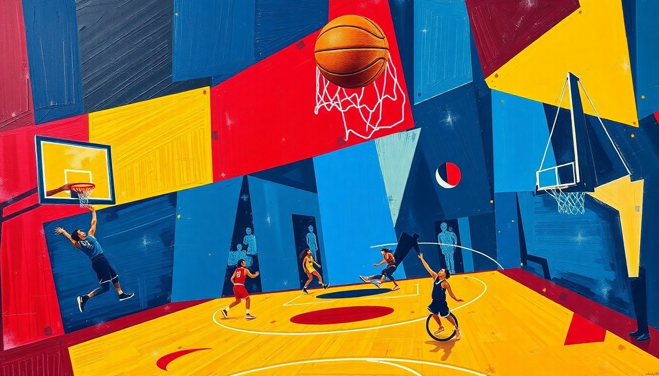 A cubist, geometric painting depicting a basketball game broken down into overlapping planes of navy, crimson, and gold, conveying the sport's competitive spirit and sportsmanship.