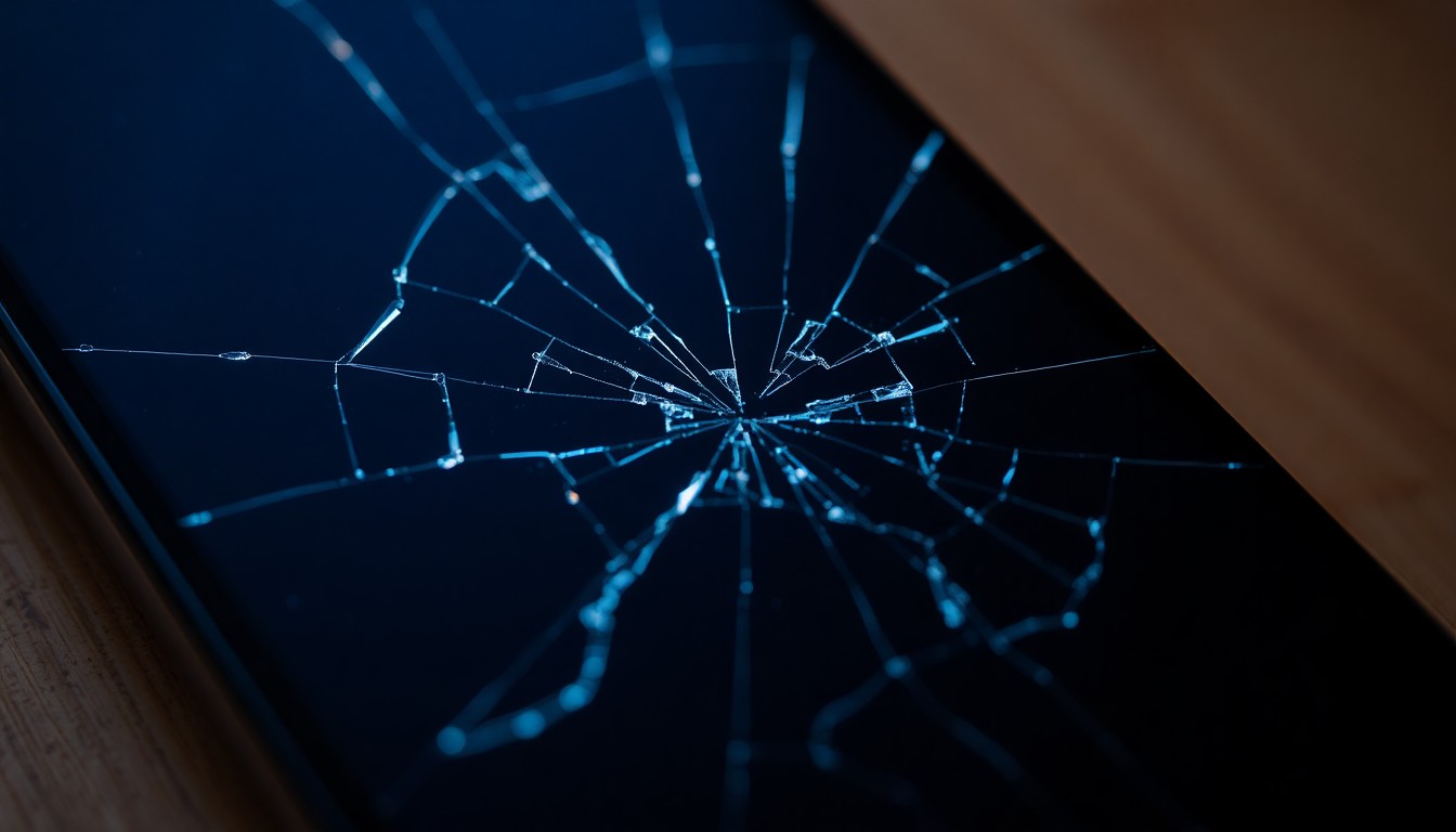 An extreme close-up of a shattered mobile phone screen, the cracked glass reflecting a faint blue light, conceptually representing the digital evidence uncovered in a case involving the possession of child sexual abuse material.