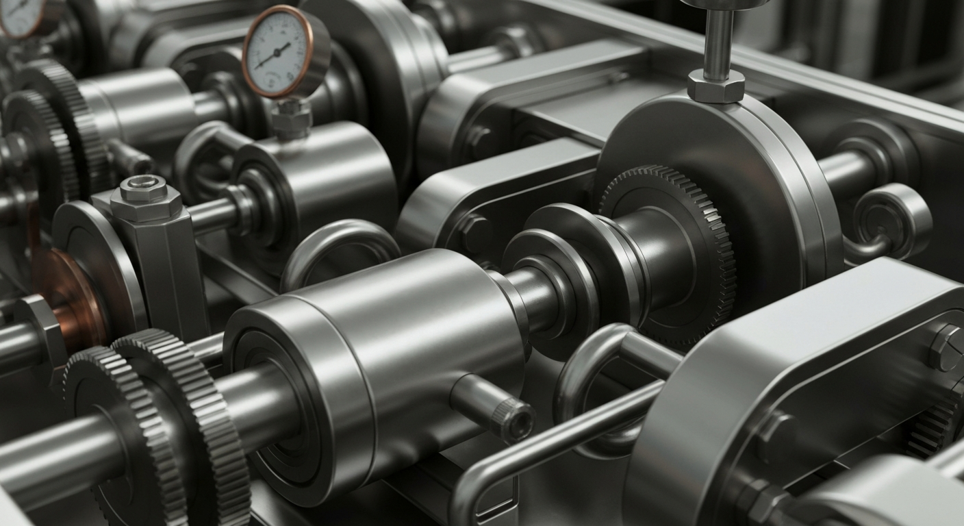 A dramatic close-up of intricate, heavy-duty banking machinery and mechanisms, conveying the complex, powerful infrastructure that supports international markets and economies.