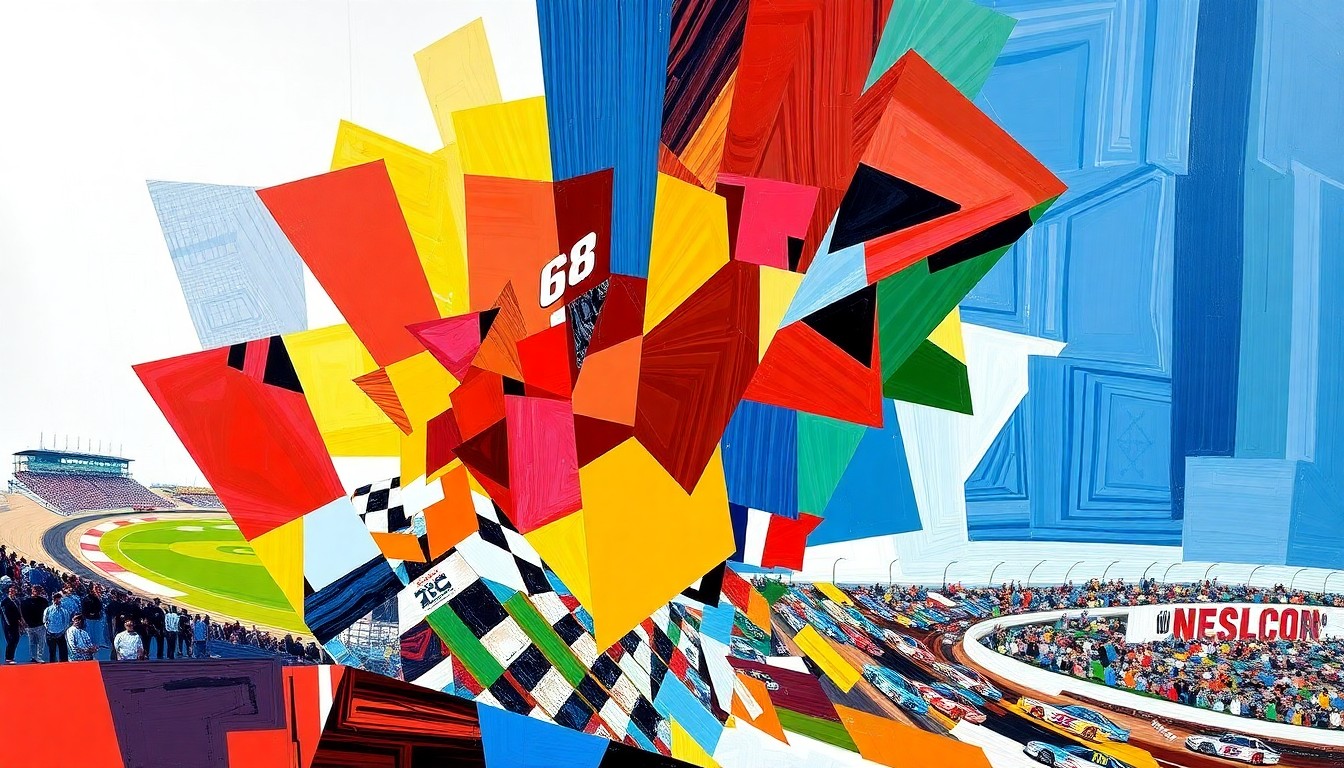 A cubist, geometric painting depicting the final laps of a NASCAR race, with overlapping planes of color representing the cars and track in an abstract, deconstructed style.