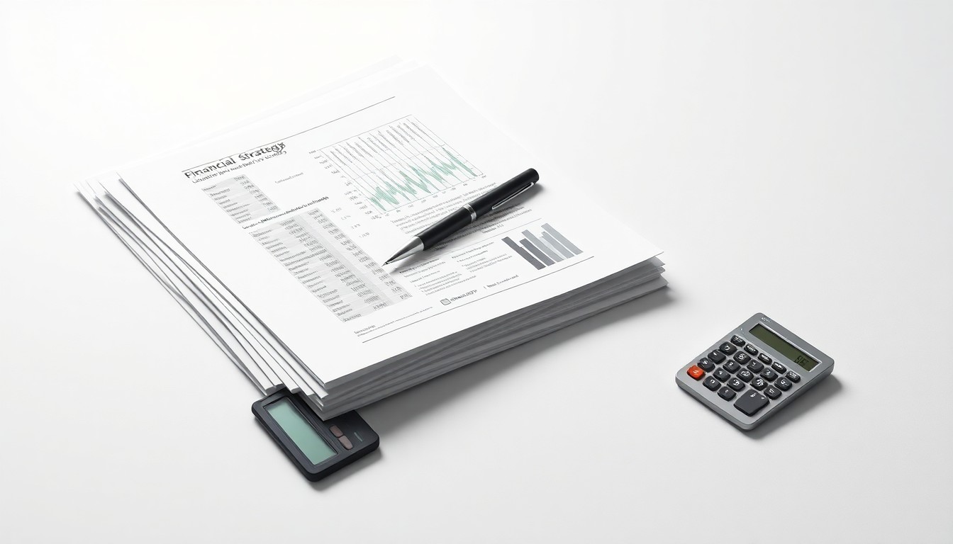 A photorealistic studio still life featuring a stack of financial reports, a pen, and a calculator arranged on a clean white background, symbolizing the importance of data-driven marketing strategies for nonprofit funding stability.