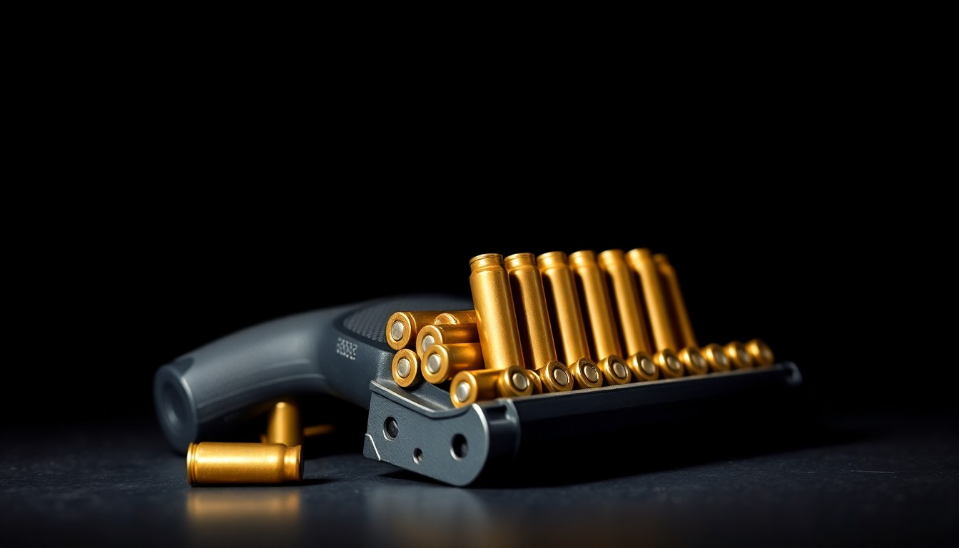 An extreme close-up photograph of a loaded handgun magazine and ammunition shells against a stark, black background, creating a gritty, investigative aesthetic through the use of harsh, direct flash lighting.