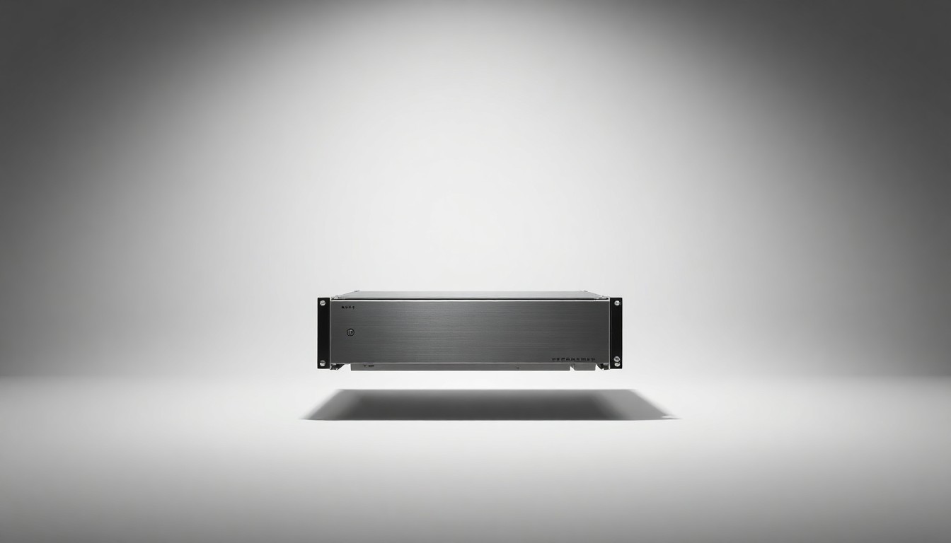 A photorealistic studio still life featuring a sleek, metallic computer server component floating against a clean, monochromatic background, using dramatic lighting and shadows to symbolize the abstract corporate risks around export compliance.