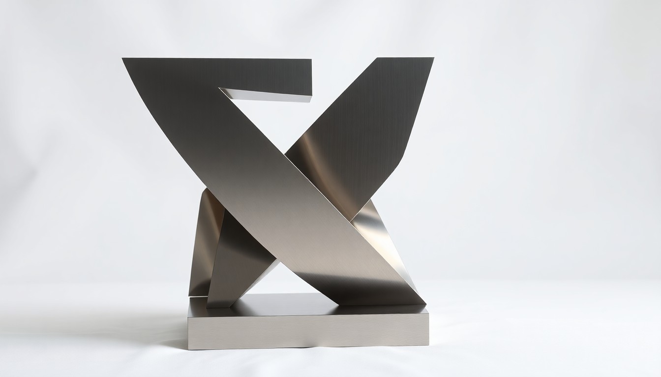 A highly polished, geometric sculpture made of brushed stainless steel, arranged elegantly on a clean, white background with dramatic studio lighting, symbolizing the leadership transition and continuity at Acts Retirement-Life Communities.