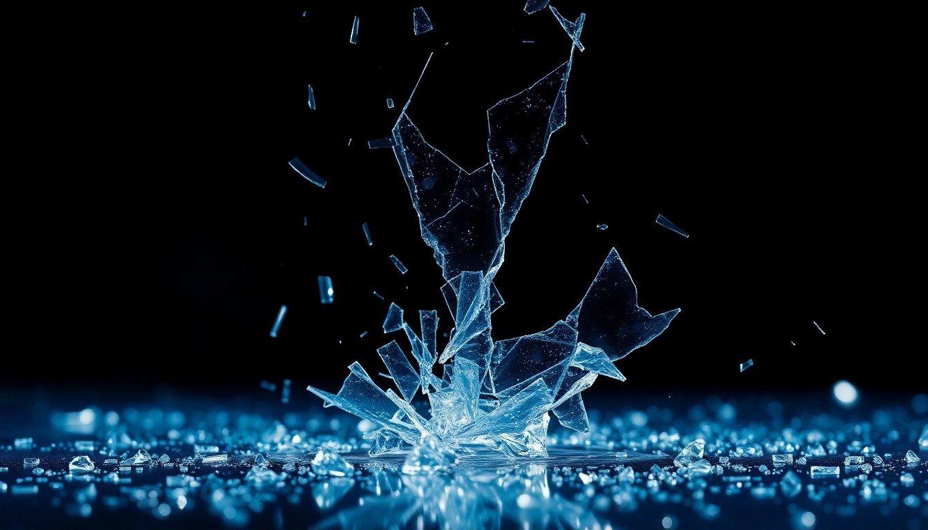 An extreme close-up of shattered glass reflecting a faint light, conceptually representing the fragility and high-stakes nature of reality TV relationships.