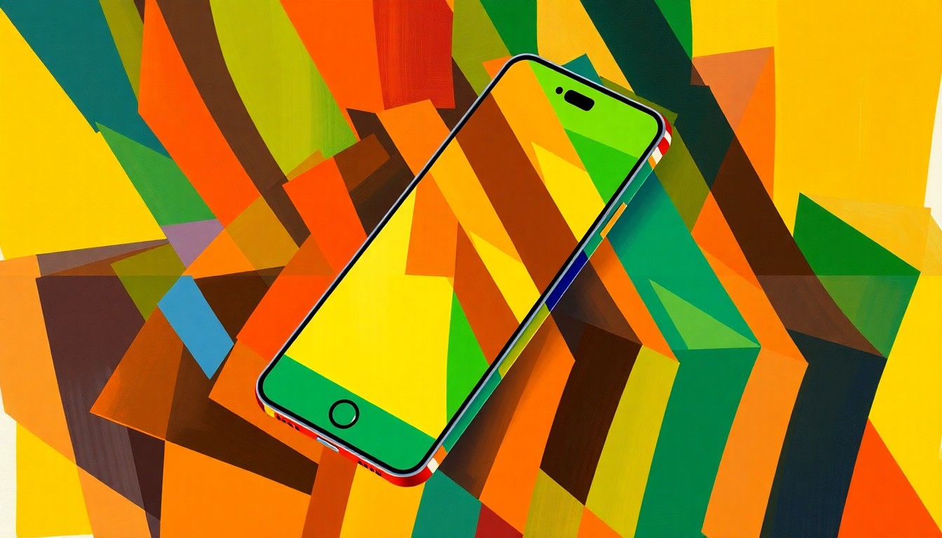 A dynamic, abstract painting featuring a mobile phone device repeated in overlapping, fractured geometric shapes in a palette of bold, vibrant colors, conceptually representing the political tensions and communication restrictions surrounding the Bolsonaro family.
