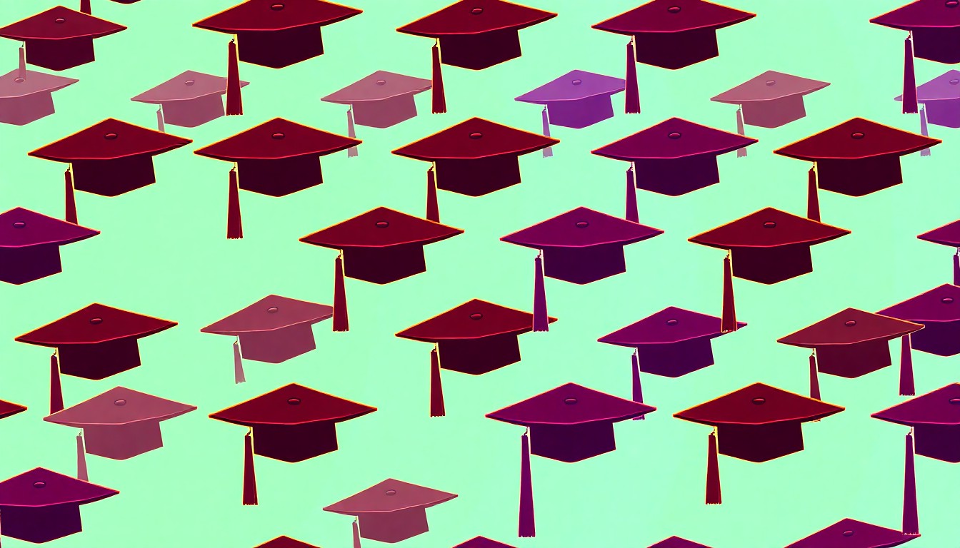 A brightly colored, high-contrast silkscreen print of a graduate student's mortar board hat repeated in a tight grid pattern, in the style of Andy Warhol. The image utilizes flat, vibrant, and unnatural neon color palettes overlapping with heavy black photographic outlines to turn the iconic symbol of academic achievement into modern pop art.