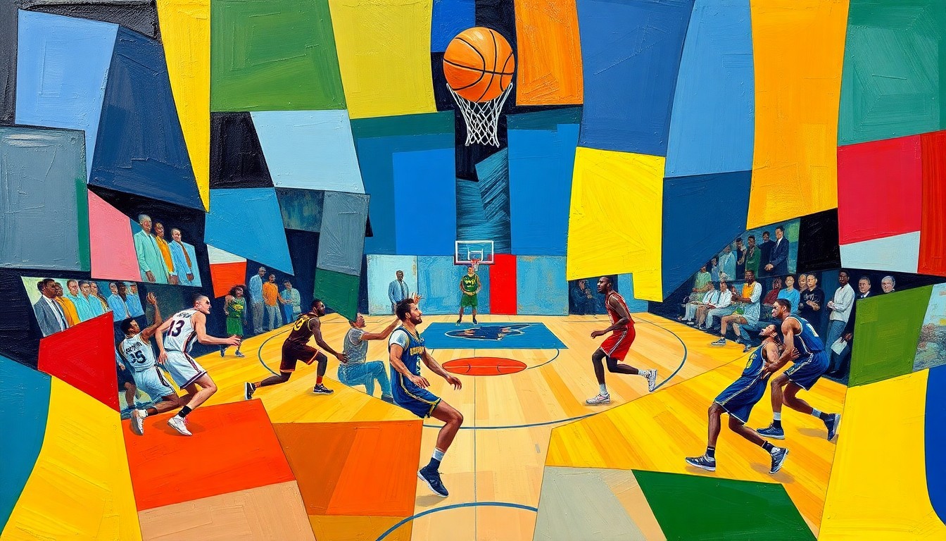 A cubist, geometric painting depicting a fragmented basketball game, with sharp, overlapping shapes in the team colors of UConn and Illinois, conceptually representing the intensity of the upcoming Final Four matchup.