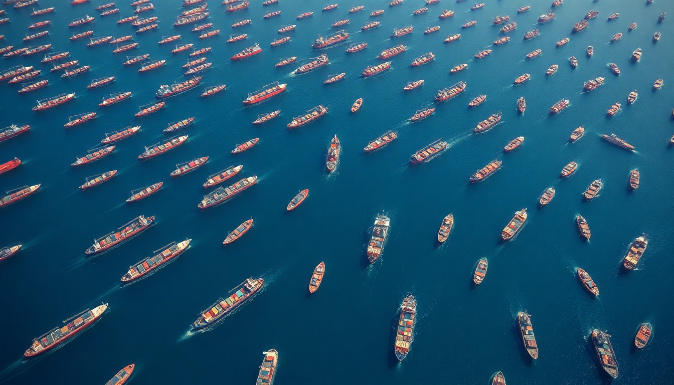 An extreme aerial view of a vast, densely packed array of oil tankers and cargo ships in the Strait of Hormuz, their hulls and decks forming a complex, geometric pattern that conveys the scale and importance of this critical maritime chokepoint.