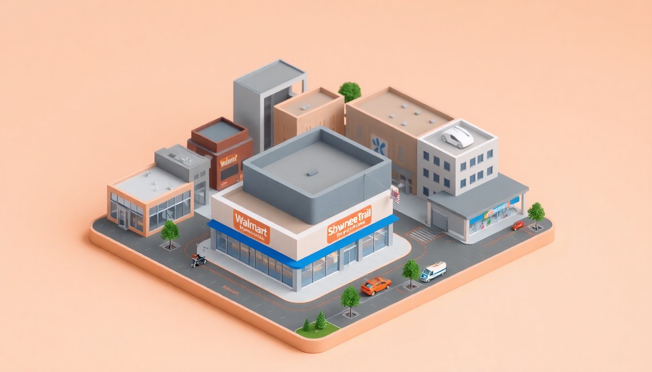 A colorful, stylized 3D illustration depicting a miniature Walmart Supercenter store surrounded by other retail, office, and residential buildings, representing the mixed-use Shawnee Trail development in Celina, Texas.