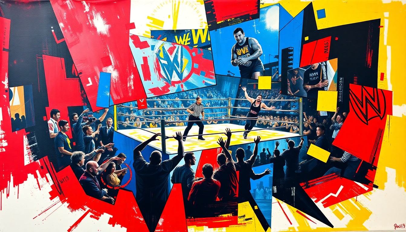A cubist, geometric painting in bold colors depicting a dynamic wrestling match or competition, with figures and elements broken down into sharp, overlapping planes.