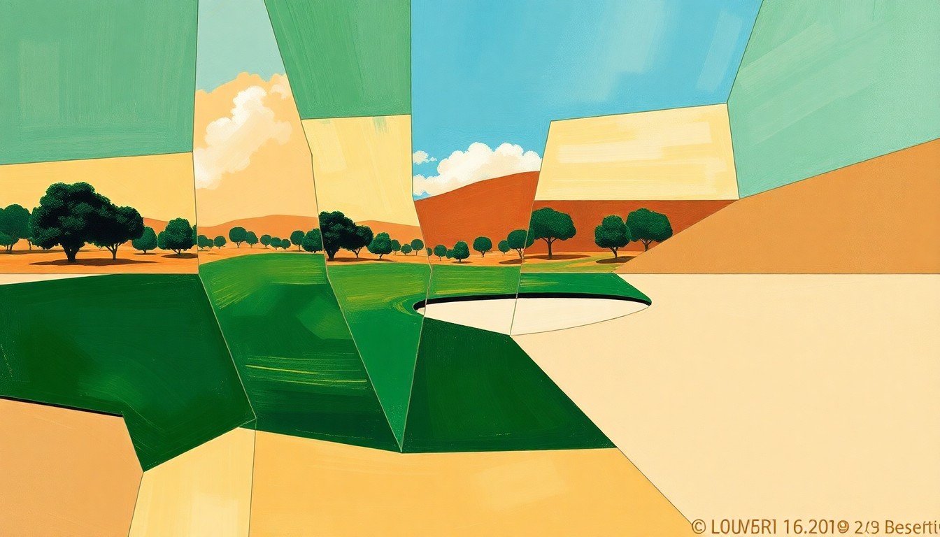 A cubist, geometric painting depicting a fragmented golf course scene with overlapping shapes and planes in shades of green, tan, and blue, conveying the energy and movement of the sport.