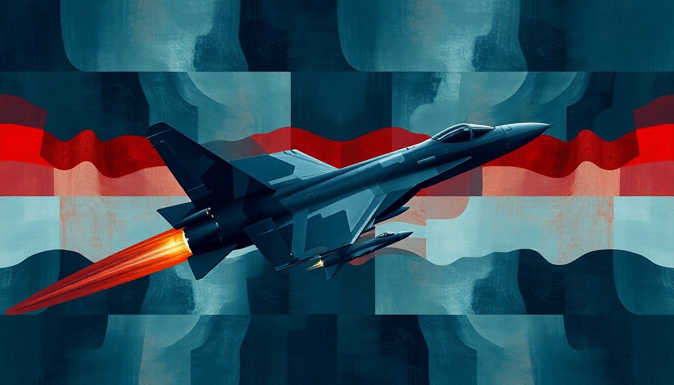 A dynamic, abstract painting of a military aircraft or missile in flight, with the subject repeated in fractured, overlapping geometric shapes in shades of blue, grey, and red, conveying a sense of speed, power, and impending conflict.